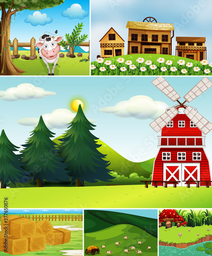 Set of different farm scenes cartoon style