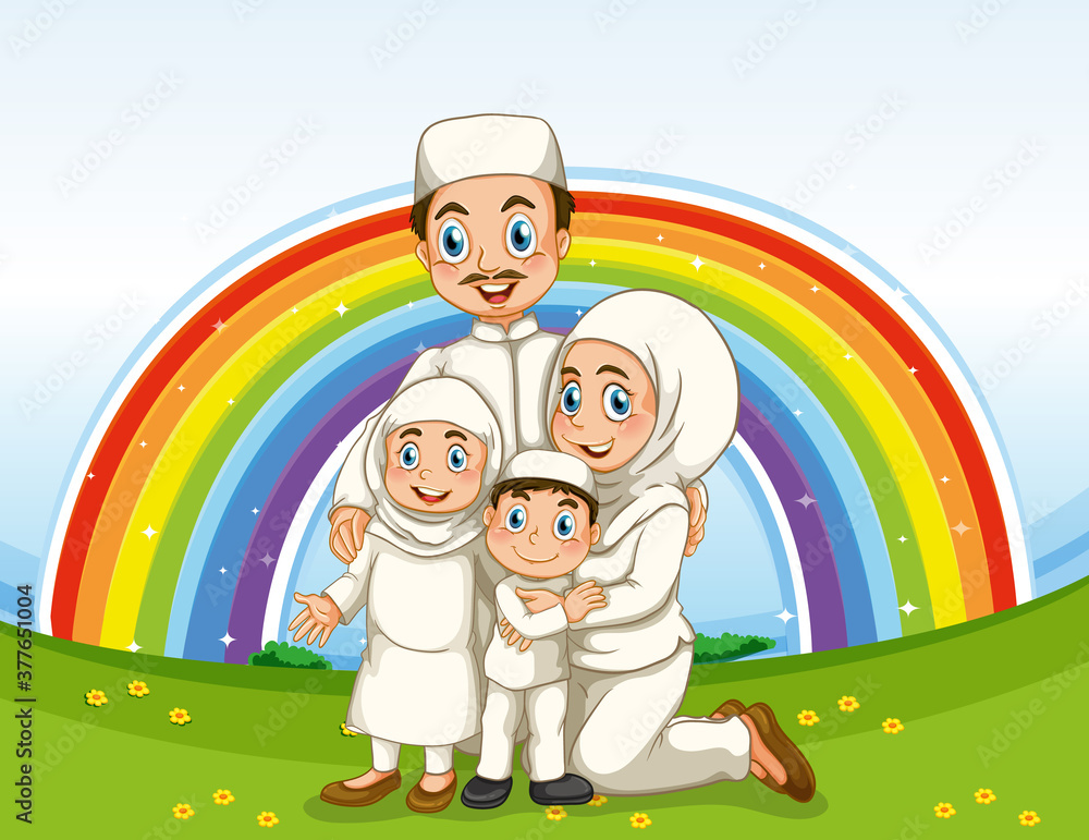 Naklejka premium Arab muslim family in traditional clothing with rainbow background