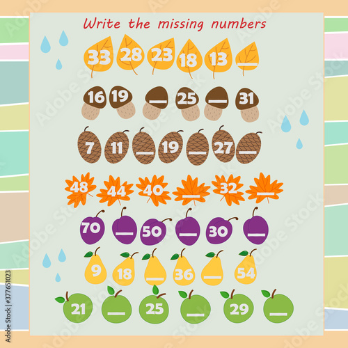 Logic math game for children. Write the missing numbers on the dashes