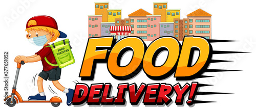 Food delivery logo with delivery man riding on scooter