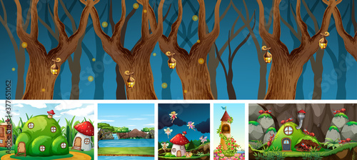 Six different scene of fantasy world with fantasy places such as mushroom hou...