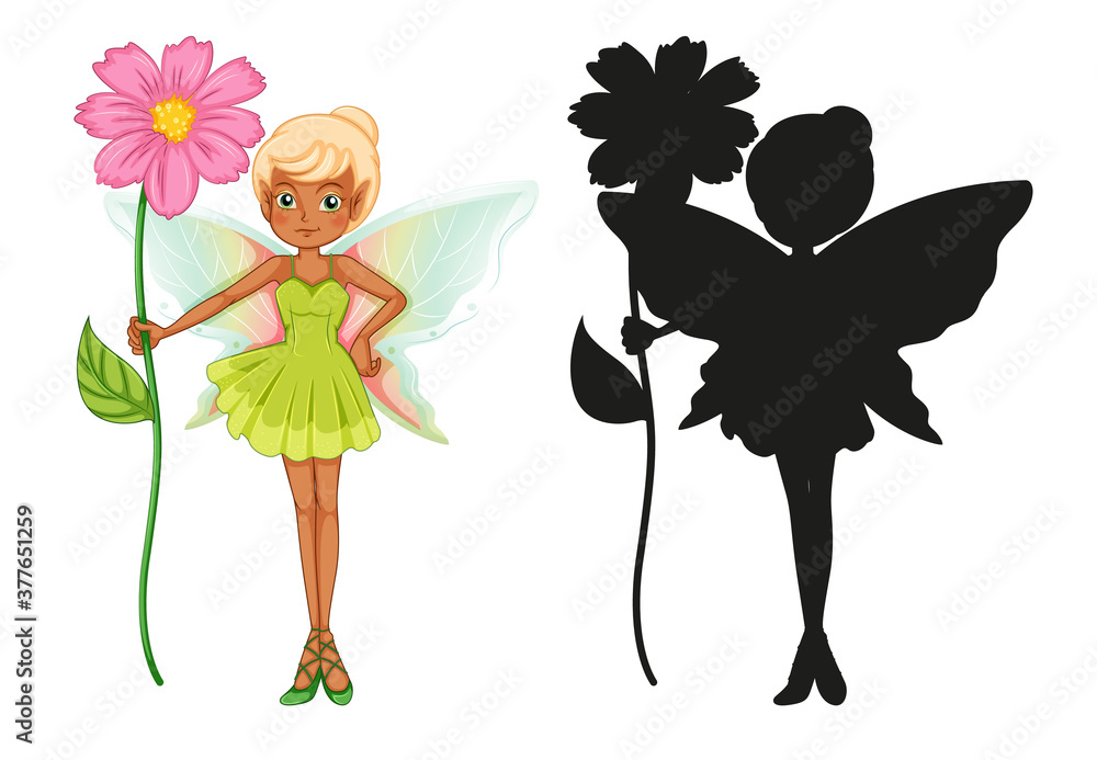 Set of fairy characters and its silhouette on white background Set of fairy characters and its silhouette on white background