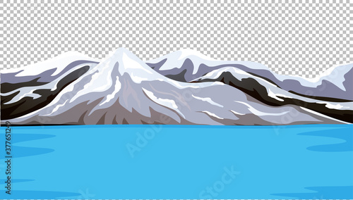 Mountain covered with snow next to the water on transparent scene