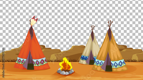 Tent house and fire camping on transparent background