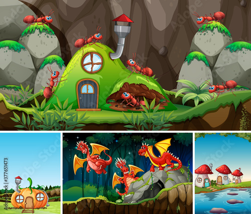 Four different scene of fantasy world with fantasy cartoon character such as dragons and ant with antnest