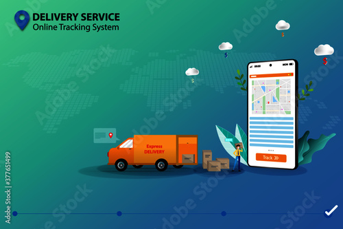 Concept of delivery service with online tracking system, staff is preparing the shipment to deliver the goods to customer by van and check the destination by use application on mobile phone.