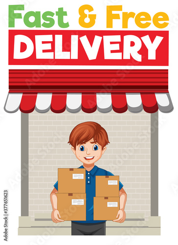 Fast and free logo with deliver or courier man in blue uniform cartoon character