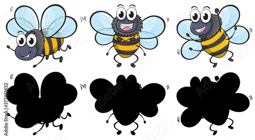 Set of insect cartoon character and its silhouette on white background
