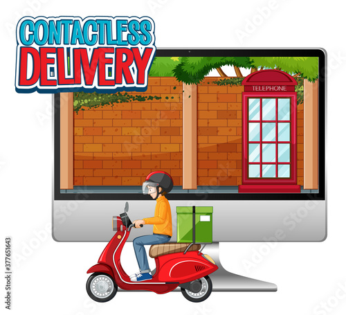 Computer with bike man or courier and contactless delivery logo