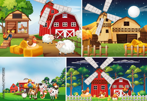 Set of different farm scenes with animal farm cartoon style