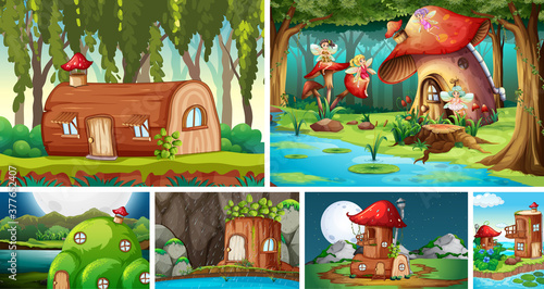 Six different scene of fantasy world with beautiful fairies in the fairy tale