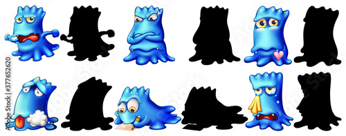 Set of blue monster with its silhouette on white background