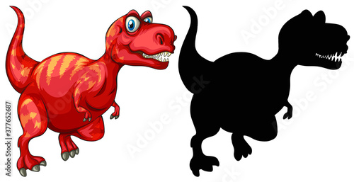 Set of dinosaur cartoon character and its silhouette on white background