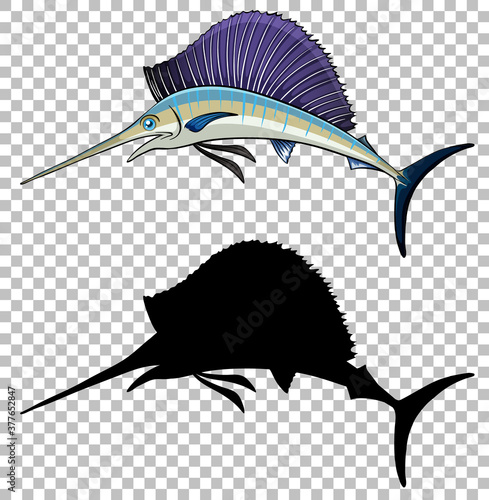 Swordfish cartoon style with its silhouette