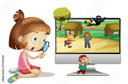 Girl with magnifying glass next to computer