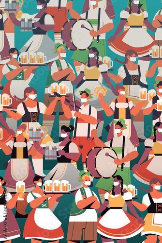 crowd of people in medical masks drinking beer Oktoberfest party celebration coronavirus quarantine concept mix race men women having fun vertical portrait vector illustration