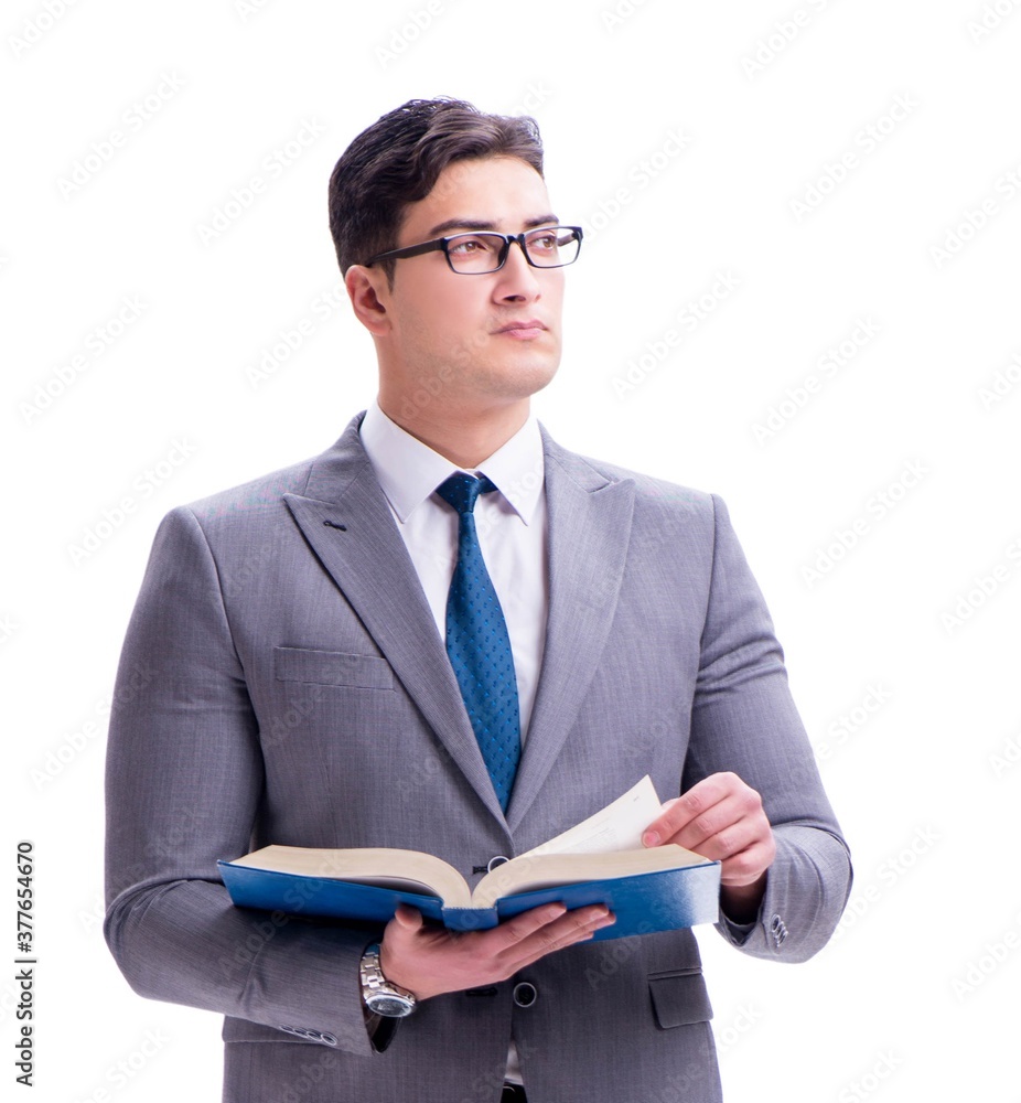 The businessman student reading a book isolated on white backgro The businessman student reading a book isolated on white backgro