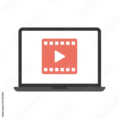 Laptop with video player icon - vector illustration. Flat online multimedia concept icon.