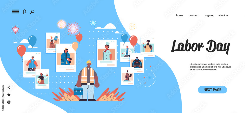 engineer discussing with mix race people of different occupations in web browser windows labor day self isolation concept horizontal copy space vector illustration