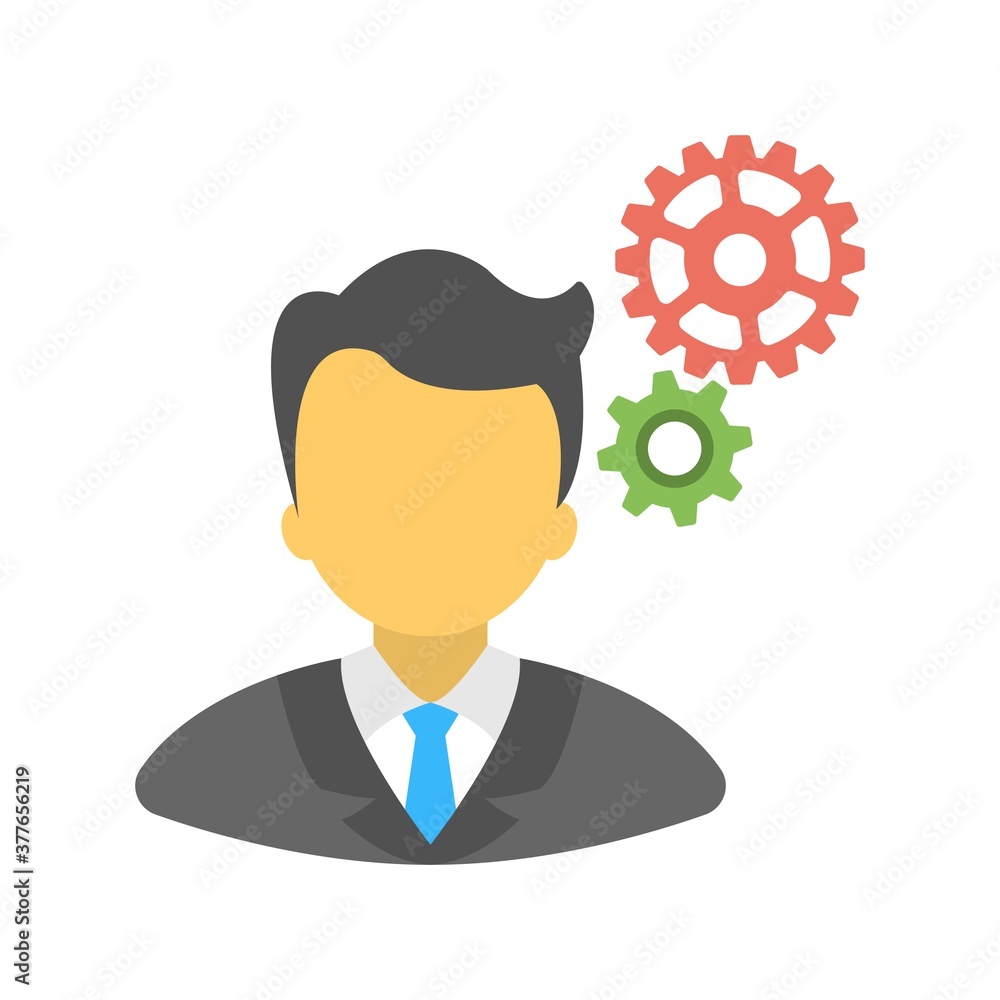 Man and cog icon illustration in flat design style.