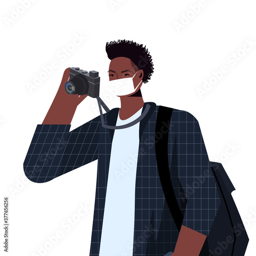 african american photographer wearing mask to prevent coronavirus pandemic self isolation labor day celebration concept portrait vector illustration