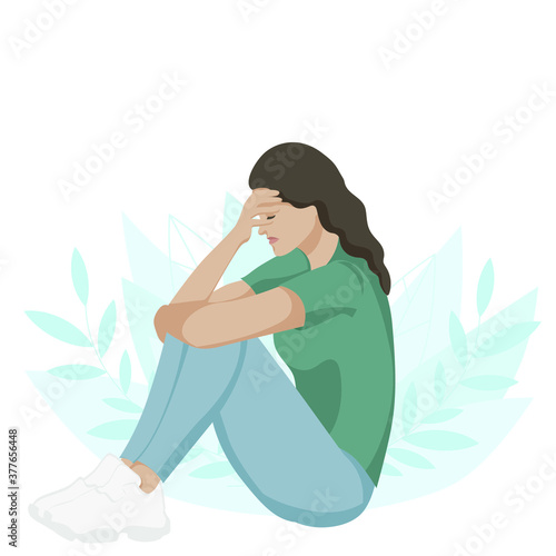 Sad woman in depression. Sad girl sitting unhappy. Lonely women sitting on the floor suffering from depression or relationship breakdown. Flat vector illustration.