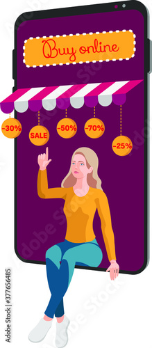 Online shopping discount concept banner with character in smartphone. Can be used for web banner, infographics, applications. Flat pseudo 3d vector illustration isolated on white background.