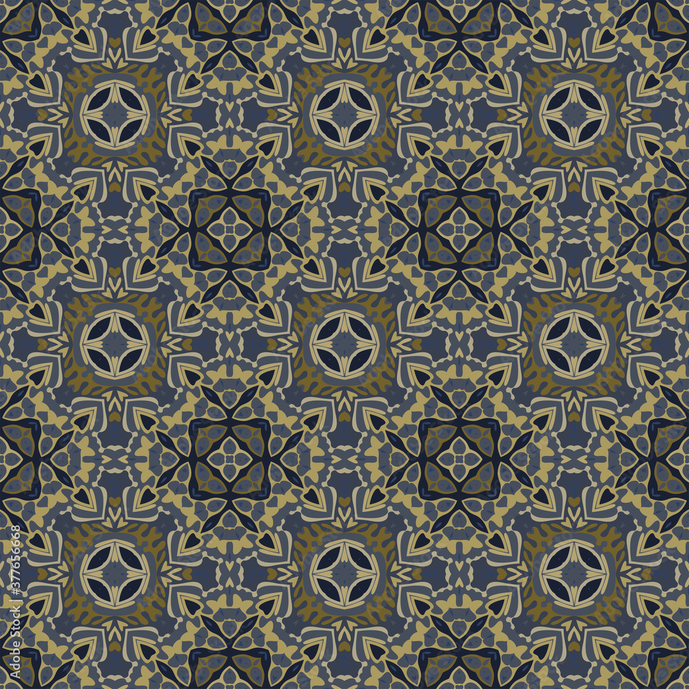 Trendy bright color geometric abstract seamless pattern blue gray gold. Use this pattern in the design of carpet, shawl, pillow, textile, ceramic tiles, pillow.