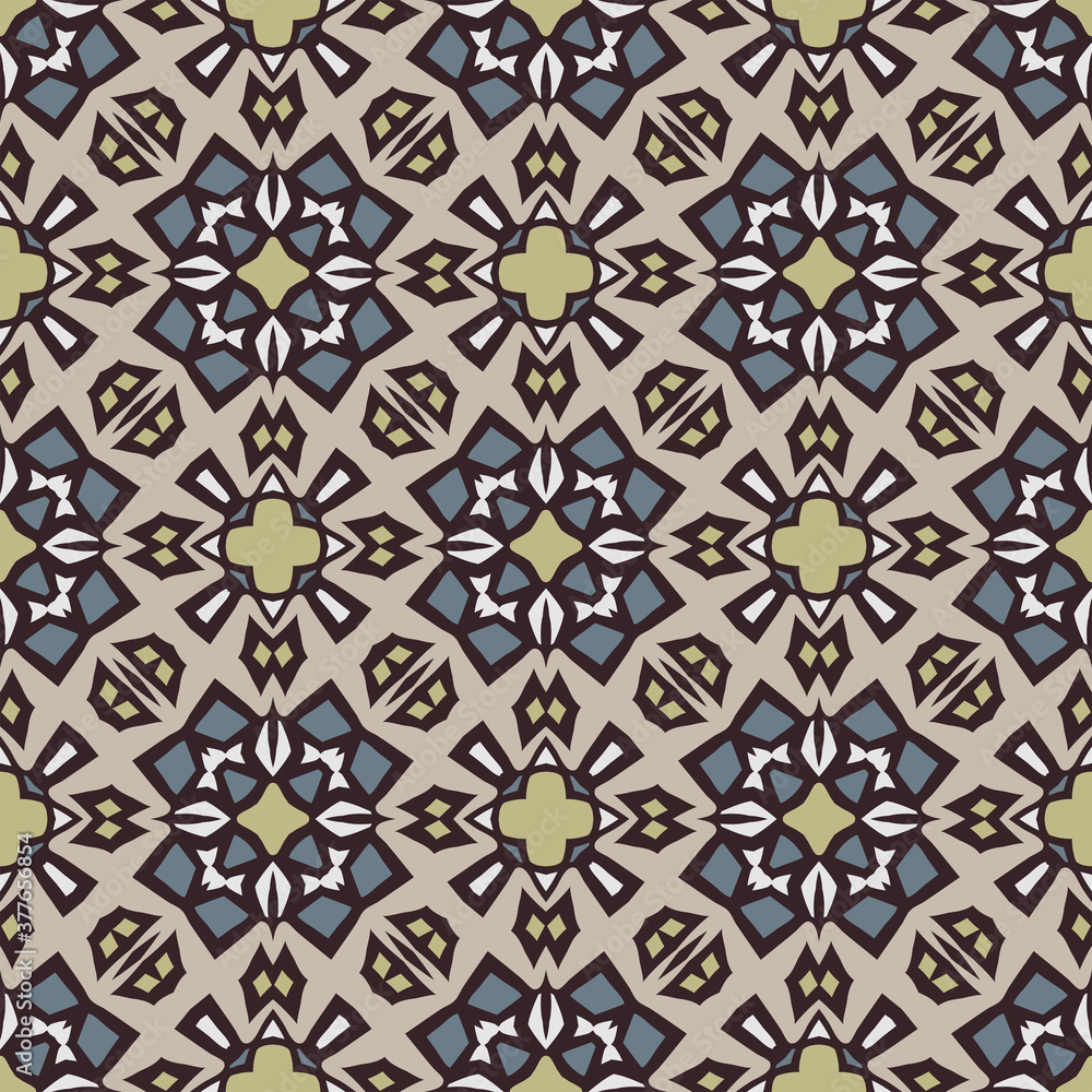Trendy bright color geometric abstract seamless pattern in gold blue. Use this pattern in the design of carpet, shawl, pillow, textile, ceramic tiles, pillow.