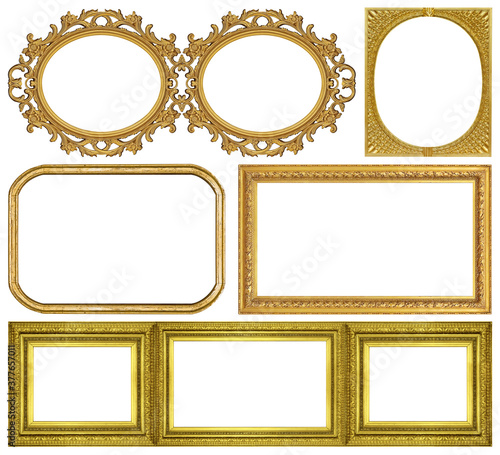 Set of golden frames for paintings, mirrors or photo isolated on white background