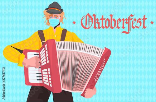 man playing on accordion Oktoberfest party festival celebration musician wearing mask to prevent coronavirus pandemic portrait horizontal vector illustration