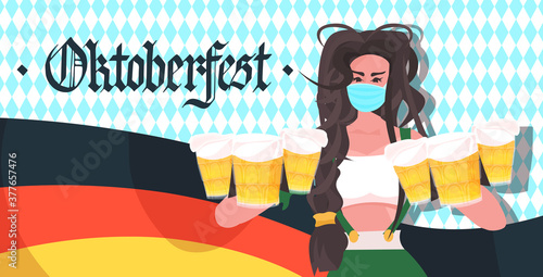 woman holding beer mugs Oktoberfest party festival celebration waitress wearing mask to prevent coronavirus pandemic portrait horizontal vector illustration