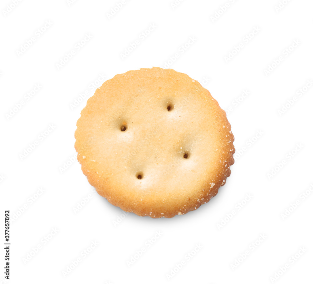 Delicious crispy cracker isolated on white, top view