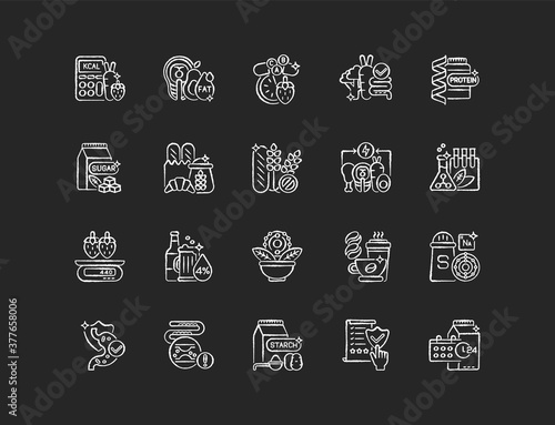 Healthy eating chalk white icons set on black background