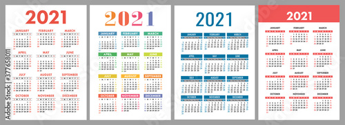 Calendar 2021 year set. Vector template collection. Simple design. Week starts on Sunday. January, February, March, April, May, June, July, August, September, October, November, December