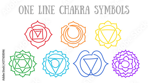Chakras: muladhara, swadhisthana, manipura, anahata, vishuddha, ajna, sahasrara. Vector line symbol. Om sign. Sacral icon. Meditation