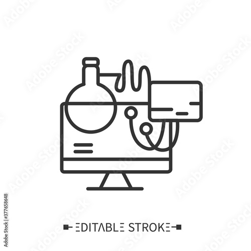 Computerized diagnostics line icon. Modern laboratory equipment. Digital technologies in medicine science. Healthcare and health information management concept. Editable stroke