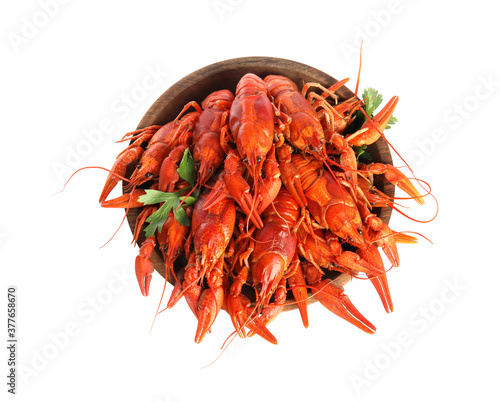 Bowl with delicious boiled crayfishes isolated on white, top view