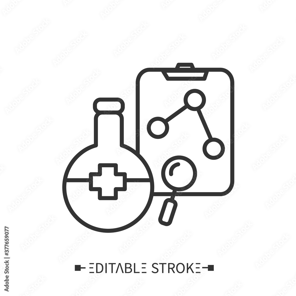 Clinical trial line icon. Medical experiment. Medical science. Treatment method. Medicines elaborating. Laboratory research.Healthcare and health information management concept. Editable stroke Clinical trial line icon. Medical experiment. Medical science. Treatment method. Medicines elaborating. Laboratory research.Healthcare and health information management concept. Editable stroke