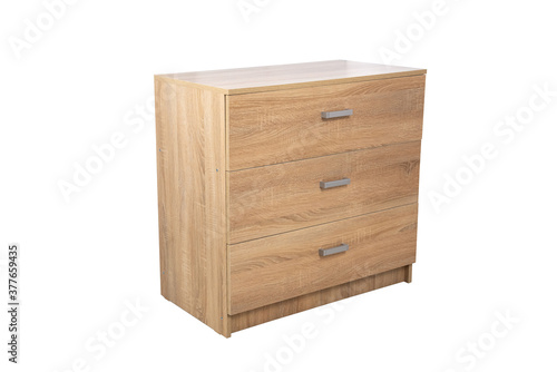 Modern wooden chest of drawers on white background