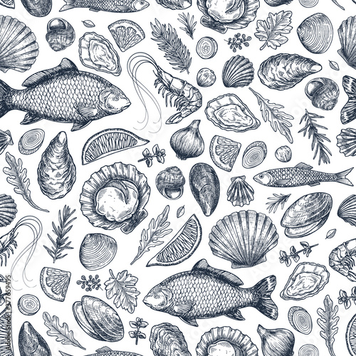Seafood various seamless pattern. Shrimp, mussel, oyster, seashell, herbs, carp, sardine, prawn. Vector illustration