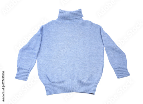 Blue turtleneck sweater isolated on white, top view