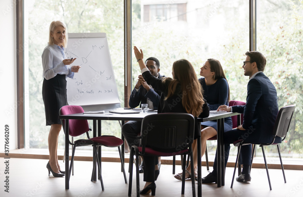 Middle-aged businesswoman make whiteboard presentation interact with diverse colleagues at meeting. Smiling mature female coach or trainer present project on flip chart, brainstorm with coworkers. Middle-aged businesswoman make whiteboard presentation interact with diverse colleagues at meeting. Smiling mature female coach or trainer present project on flip chart, brainstorm with coworkers.