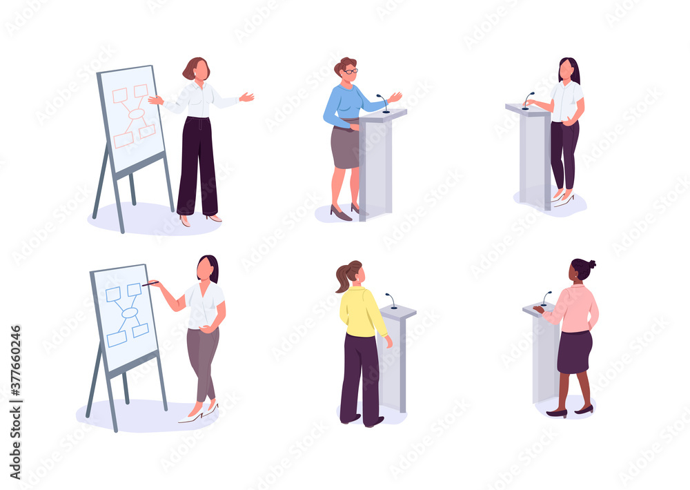 Women in leadership flat color vector faceless characters set