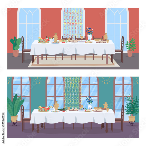 Traditional oriental banquet flat color vector illustration set
