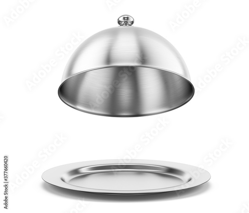 Open silver steel serving Cloche isolated on a white background. 3d rendering photo