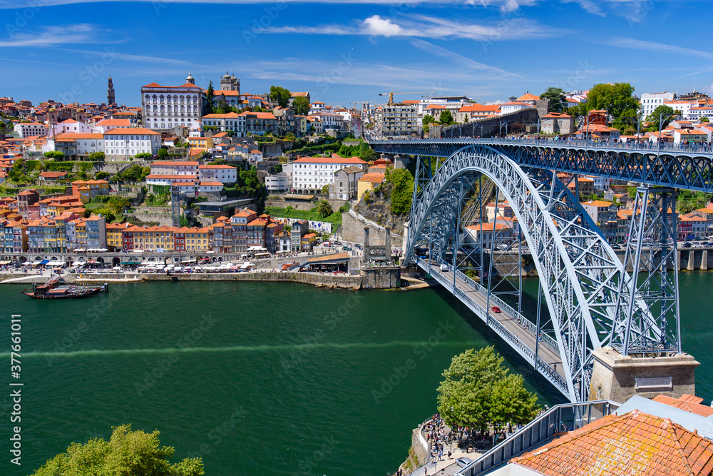 Dom Luis I Bridge, the River Douro, and the Ribeira district in Porto, Portugal