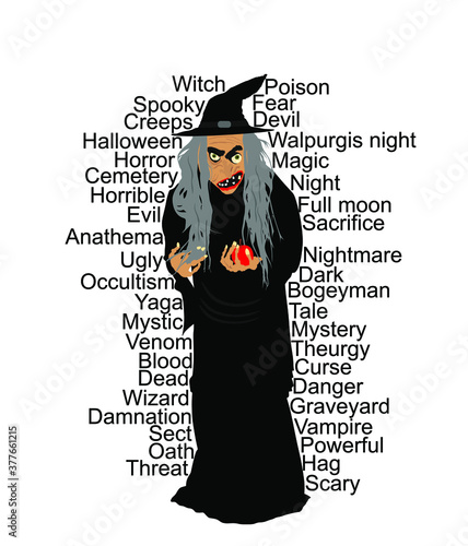Old witch with poison red apple vector illustration isolated on white background. Halloween, bogeyman. Walpurgis night. Black magic lady. Horror and horrible night nightmare. legend and fairy tale.