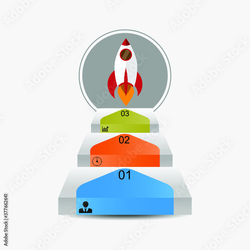 Business data visualization, infographics. Scheme of the process of elements with the help of graphics, diagrams of figures - light bulbs turned in different directions in three stages, numbers, optio photo