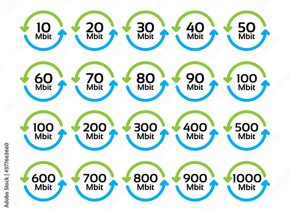 Vector set of icons of network speed from Mbit do Gbit. Internet acceleration. Simple speedometer isolation on a white background